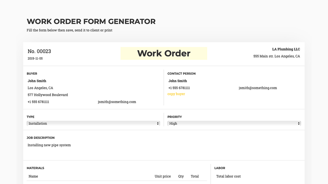 Work Order Form Database Cloud App